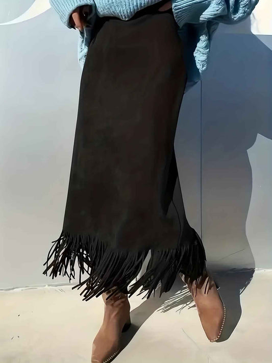 Plus Size, Women's Plus Size Elegant Bell Skirt with Fringe Hem - Full-Length Flowing Skirts for Fall/Winter, Machine Washable Solid Color Dress, Casual to Dressy Outfits (Office Wedding Party Wear) - Comfortable Fit & Year-R