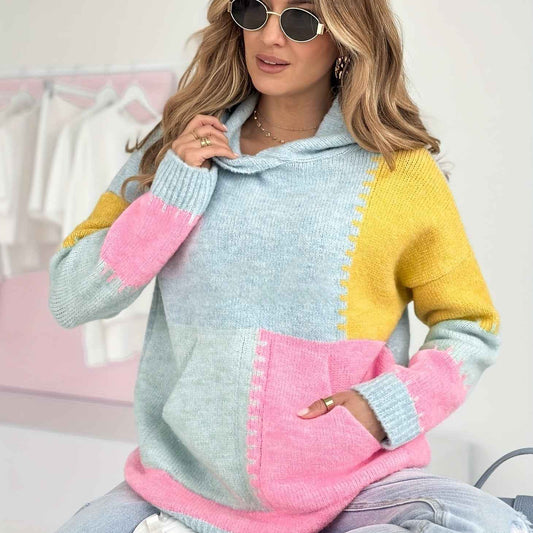 Plus Size Women's Elegant Hooded Sweater • Pastel Pink & Yellow Colorblock Long Sleeve Pullover • Cozy Front Pocket Fall/Winter Sweater • Everyday & Formal Outfits • Cute Casual Winter Wear • Durable Colorblock Desi