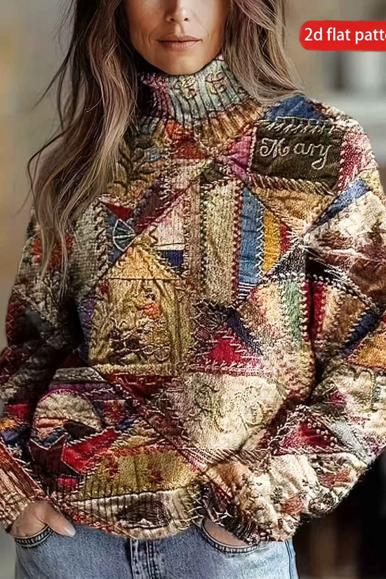 Plus Size, 2D Flat Pattern Women's Pullover 3D Printed Pattern Sweater Long Four Seasons Mixed Vintage