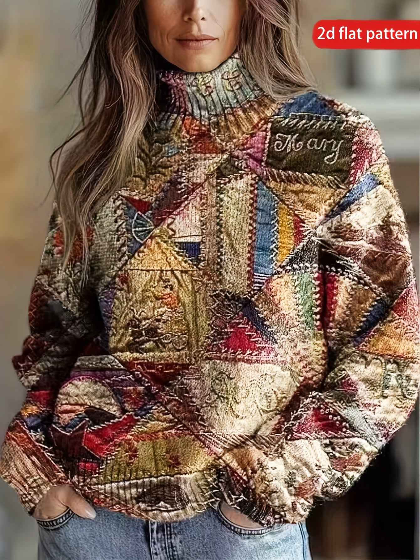 Plus Size, 2D Flat Pattern Women's Pullover 3D Printed Pattern Sweater Long Four Seasons Mixed Vintage