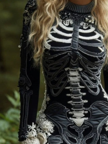 Women's Gothic 3D Skull & Bone Sweater - Off-Shoulder Winter Warm Crewneck Pullover with Lace-like Sleeve Patterns, Retro Vampire Costume Top for Halloween & Themed Parties (Hand Washable) SS69