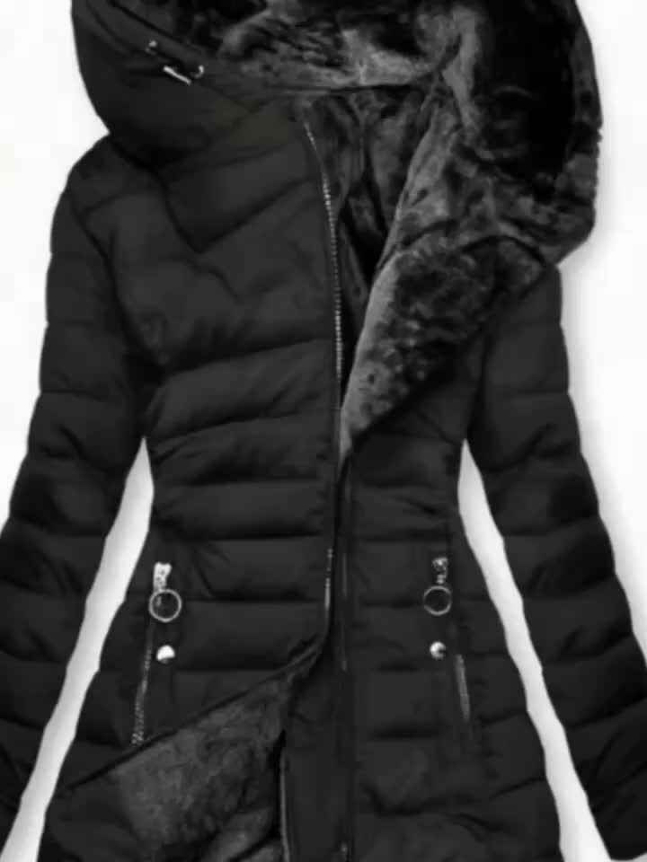 Women's Winter Warm Quilted Parka Coat, Padded Jacket with Hood, Full-Zip Front & Adjustable Waist Belt, Mid-Length Long Sleeve Outerwear for Cold Weather, Y2K Style, Beige/Tan, Hand Wash/Dry Clean