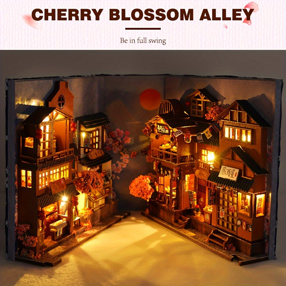3D Handcrafted Cherry Blossom Alley Bookends, Japanese Style Miniature Model, Art Deco Home Decor, Thanksgiving Tabletop Display, Manufactured Wood, Dry Battery Powered (3 Button Batteries Not Included), Creative Valentine'S SS69