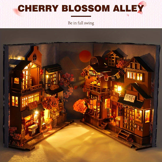 3D Handcrafted Cherry Blossom Alley Bookends, Japanese Style Miniature Model, Art Deco Home Decor, Thanksgiving Tabletop Display, Manufactured Wood, Dry Battery Powered (3 Button Batteries Not Included), Creative Valentine'S SS69