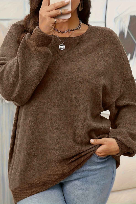Plus Size - Women'S Solid Color Crew Neck Sweater | Casual Style, Medium Stretch Fabric, Ideal for Fall/Winter