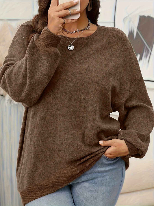 Plus Size - Women'S Solid Color Crew Neck Sweater | Casual Style, Medium Stretch Fabric, Ideal for Fall/Winter