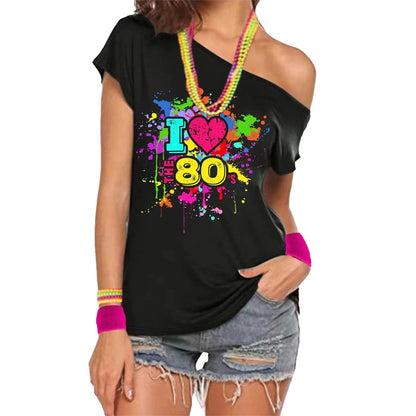 80s Costume Outfit for Woman Love off the Shoulder T Shirts Novelty Neon Top Clothes for Costume SS69