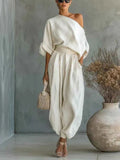 2026 Summer One Shoulder Linen Two Piece Set Women Roll Up Sleeve Waist Belt High Waist Lantern Pants White Breathable Casual Daily Beach Vacation Resort Outfit For American Ladies
