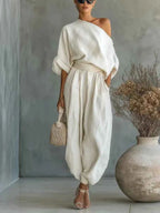 2026 Summer One Shoulder Linen Two Piece Set Women Roll Up Sleeve Waist Belt High Waist Lantern Pants White Breathable Casual Daily Beach Vacation Resort Outfit For American Ladies