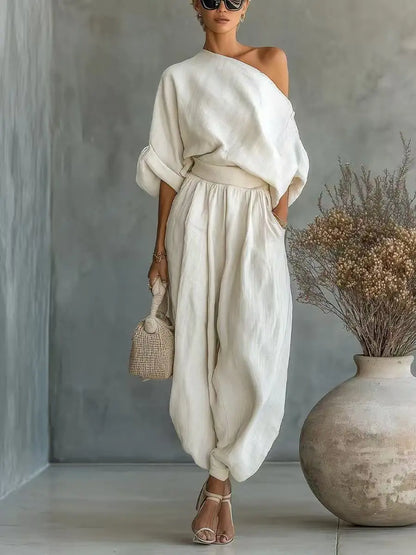 2026 Summer One Shoulder Linen Two Piece Set Women Roll Up Sleeve Waist Belt High Waist Lantern Pants White Breathable Casual Daily Beach Vacation Resort Outfit For American Ladies