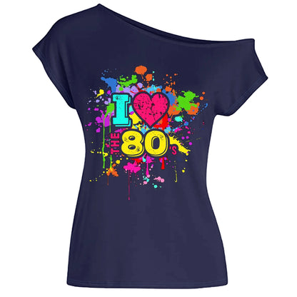 80s Costume Outfit for Woman Love off the Shoulder T Shirts Novelty Neon Top Clothes for Costume SS69 23.69 Navy blue / L