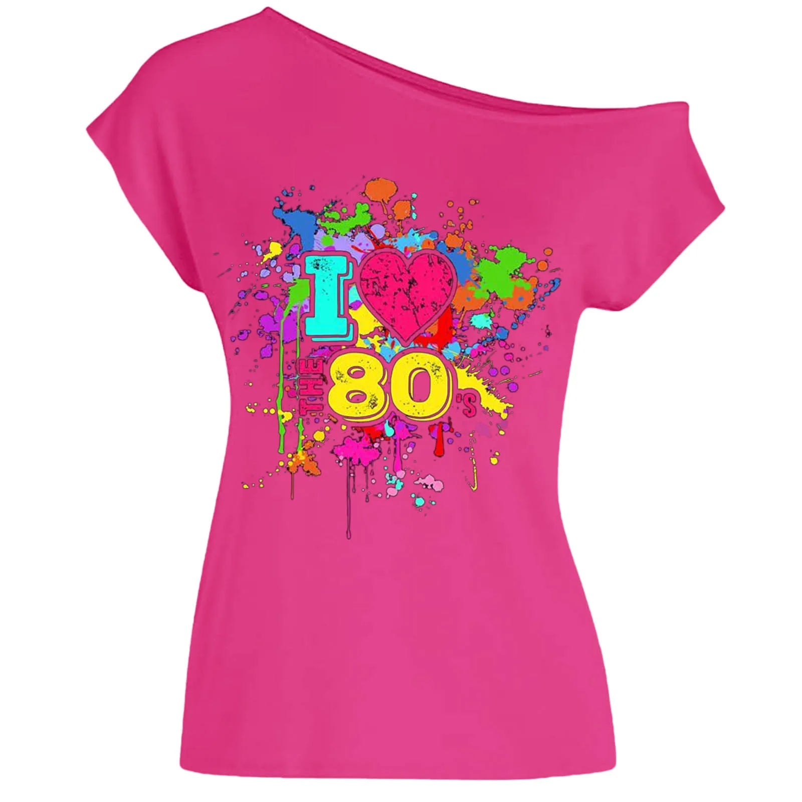 80s Costume Outfit for Woman Love off the Shoulder T Shirts Novelty Neon Top Clothes for Costume SS69 24.69 Hot pink / XXL
