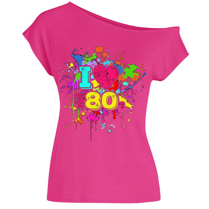 80s Costume Outfit for Woman Love off the Shoulder T Shirts Novelty Neon Top Clothes for Costume SS69 24.69 Hot pink / XXL