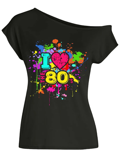 80s Costume Outfit for Woman Love off the Shoulder T Shirts Novelty Neon Top Clothes for Costume SS69 24.69 Black / XL