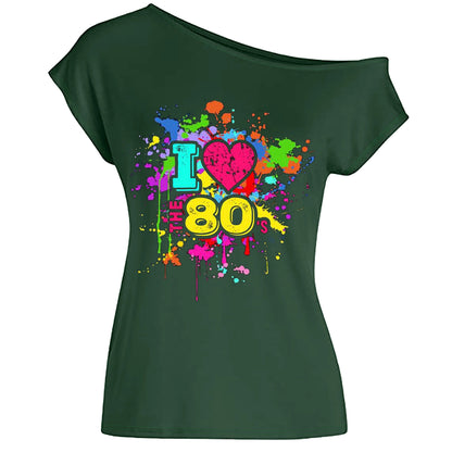 80s Costume Outfit for Woman Love off the Shoulder T Shirts Novelty Neon Top Clothes for Costume SS69 24.69 Green / XL