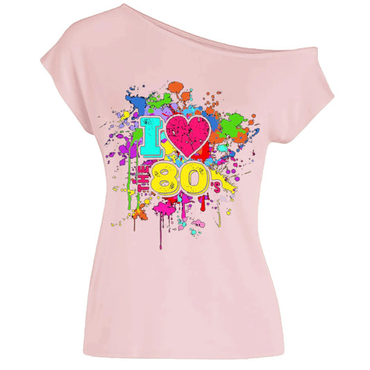 80s Costume Outfit for Woman Love off the Shoulder T Shirts Novelty Neon Top Clothes for Costume SS69 23.69 Light pink / S