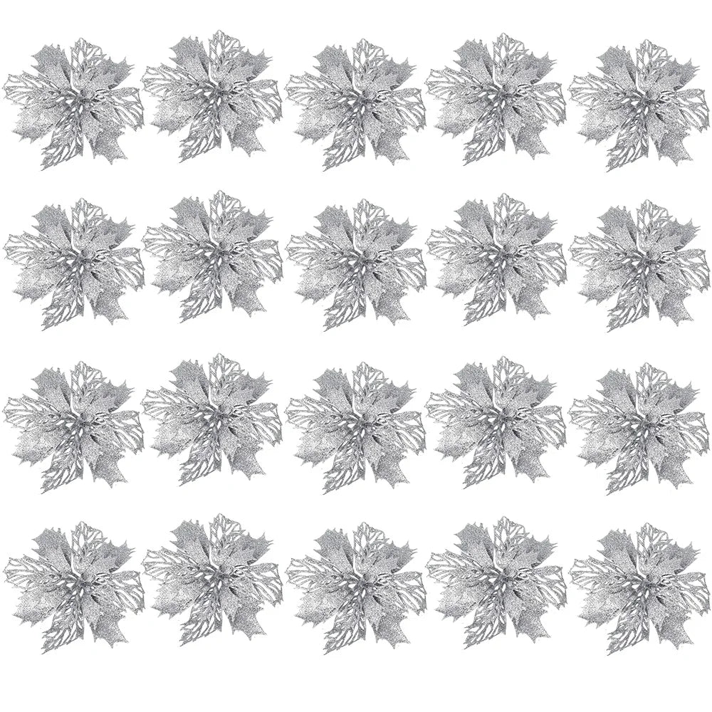 20pcs 9cm Artificial Christmas Flowers Glitter Xmas Tree Flowers Christmas Tree Ornaments for New Year Xmas Tree Wedding Decor
