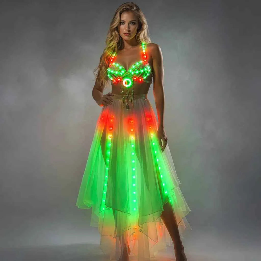 LED Color Lights Women Belly Dance Split Skirt Sexy Professional Bellydance Training Clothes Dancing Costumes