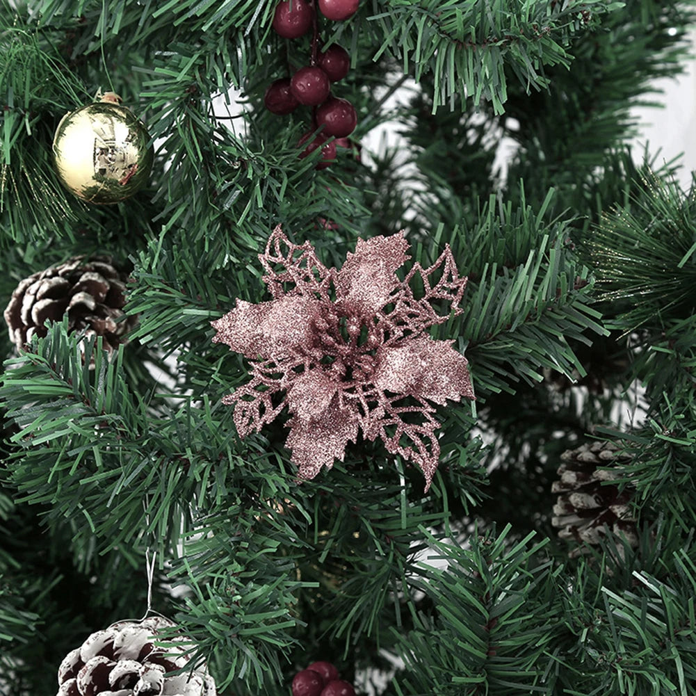 20pcs 9cm Artificial Christmas Flowers Glitter Xmas Tree Flowers Christmas Tree Ornaments for New Year Xmas Tree Wedding Decor