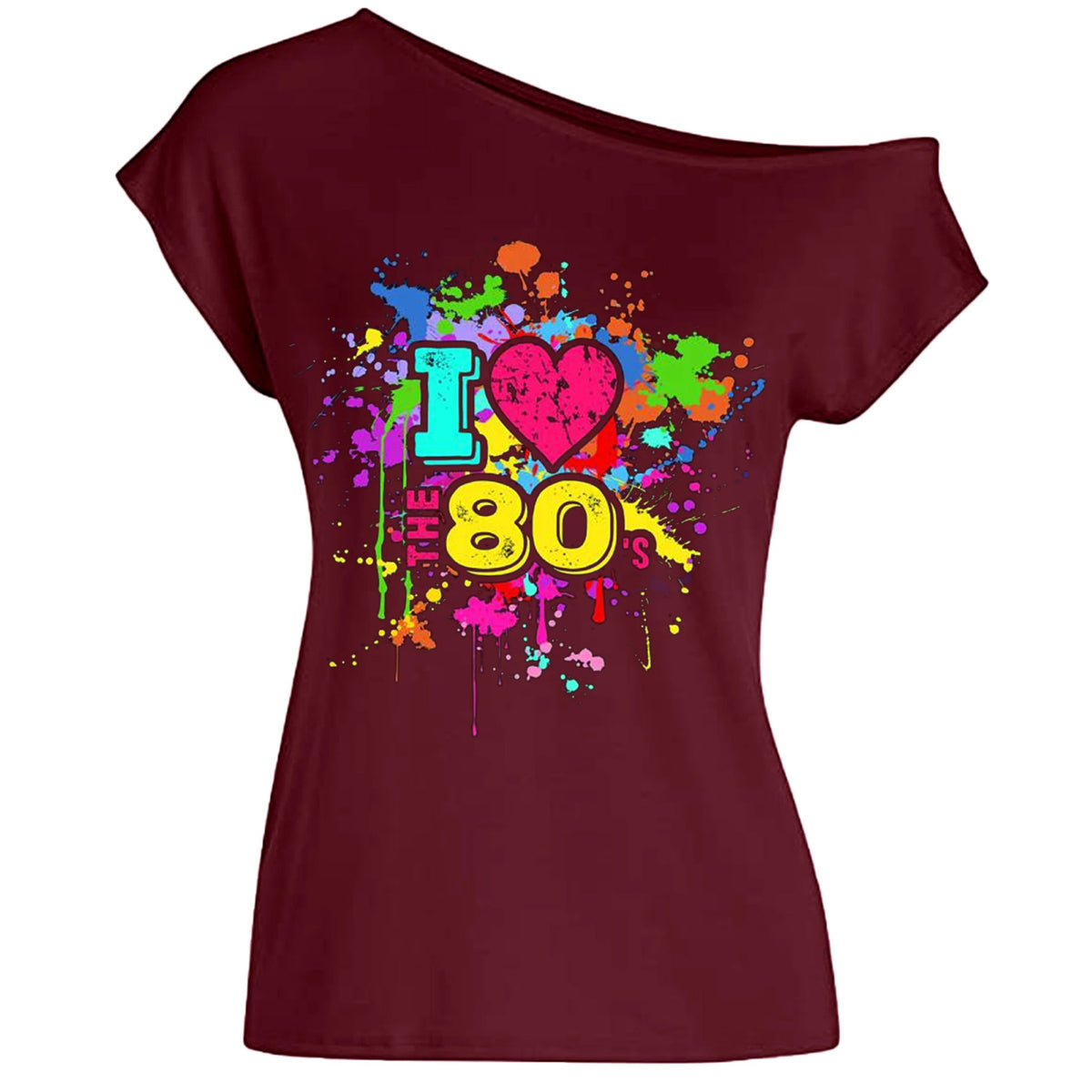 80s Costume Outfit for Woman Love off the Shoulder T Shirts Novelty Neon Top Clothes for Costume SS69 23.69 Wine red / S