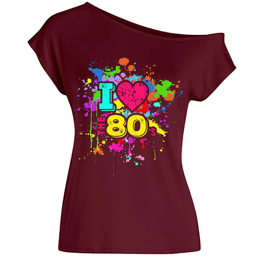 80s Costume Outfit for Woman Love off the Shoulder T Shirts Novelty Neon Top Clothes for Costume SS69 23.69 Wine red / S