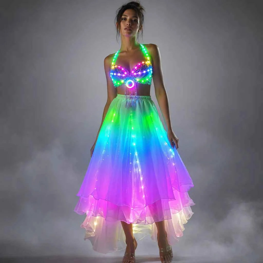 LED Color Lights Women Belly Dance Split Skirt Sexy Professional Bellydance Training Clothes Dancing Costumes