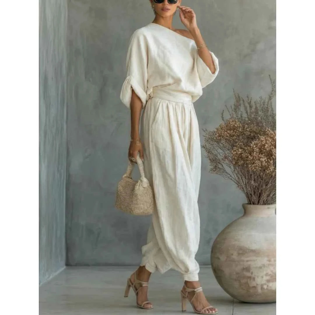 2026 Summer One Shoulder Linen Two Piece Set Women Roll Up Sleeve Waist Belt High Waist Lantern Pants White Breathable Casual Daily Beach Vacation Resort Outfit For American Ladies