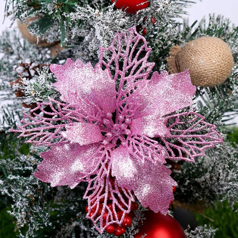 20pcs 9cm Artificial Christmas Flowers Glitter Xmas Tree Flowers Christmas Tree Ornaments for New Year Xmas Tree Wedding Decor
