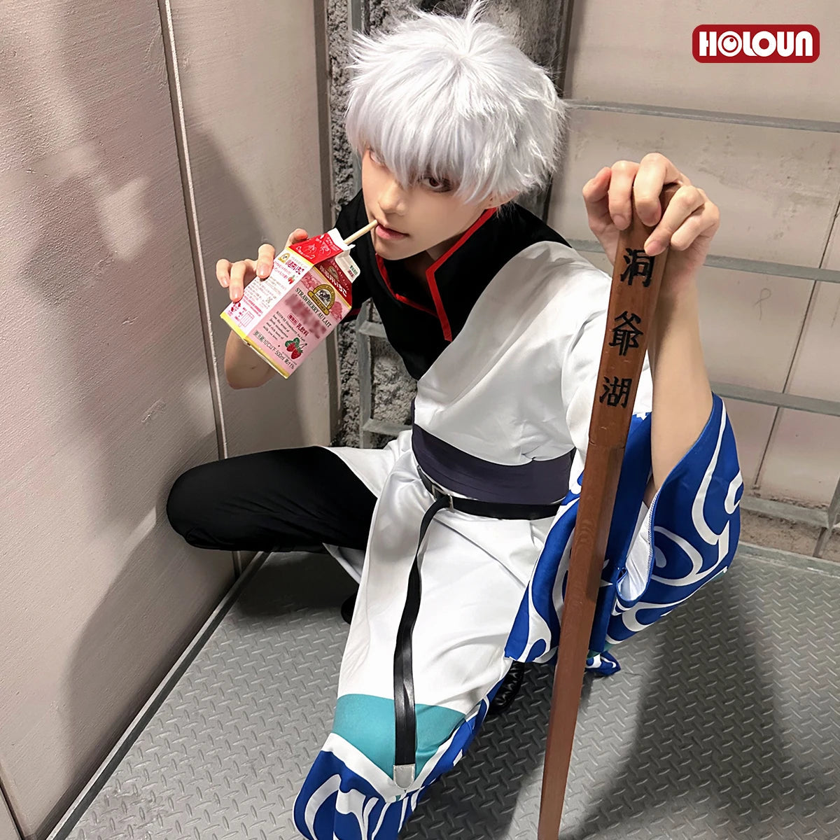 HOLOUN Gintama Anime Sakata Gintoki Cosplay Costume Wig Kimono Top Pants Cos Convention Halloween Christmas Gift SS69