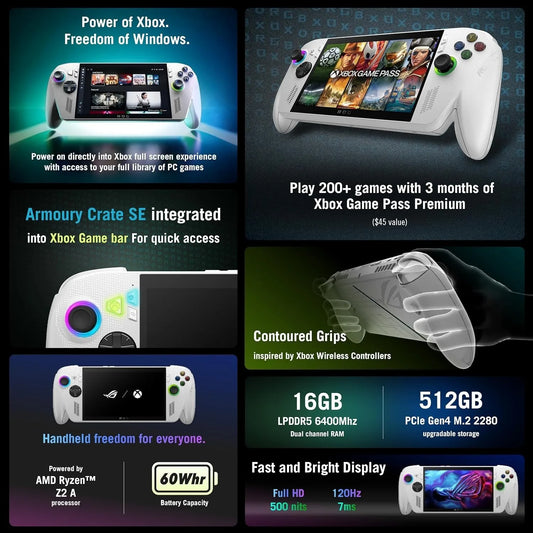 ASUS ROG Xbox Ally Handheld – 7" 1080p 120Hz, Ryzen Z2 A, 16GB RAM, 512GB SSD, Windows Console with 3-Month Game Pass – White