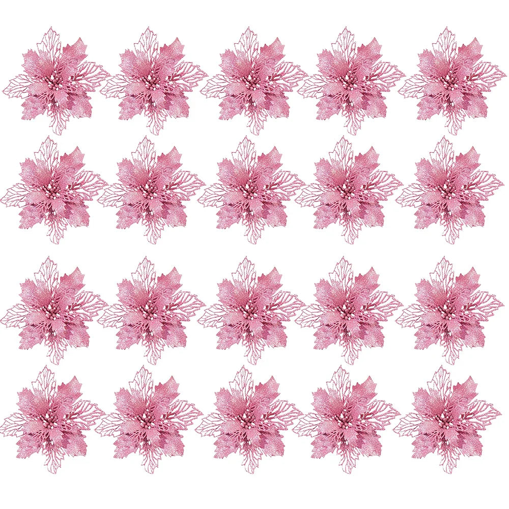 20pcs 9cm Artificial Christmas Flowers Glitter Xmas Tree Flowers Christmas Tree Ornaments for New Year Xmas Tree Wedding Decor