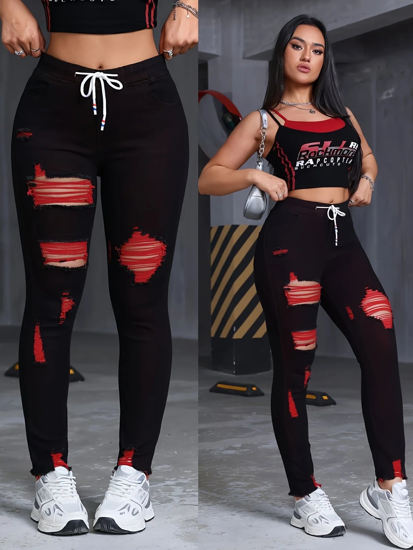 Women's Stretch Jeans Elastic Waist Drawstring Elegant Distressed Red Skinny Personalized Designer Style Suitable for All Seaso SS69 41.69 black / XXL