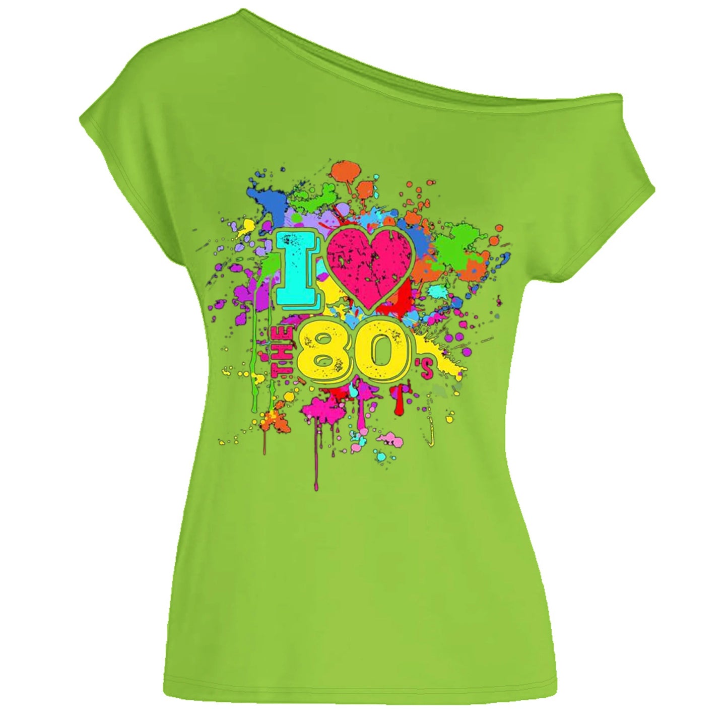 80s Costume Outfit for Woman Love off the Shoulder T Shirts Novelty Neon Top Clothes for Costume SS69 24.69 Neon green / XL