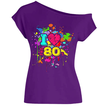 80s Costume Outfit for Woman Love off the Shoulder T Shirts Novelty Neon Top Clothes for Costume SS69 24.69 Purple / XL