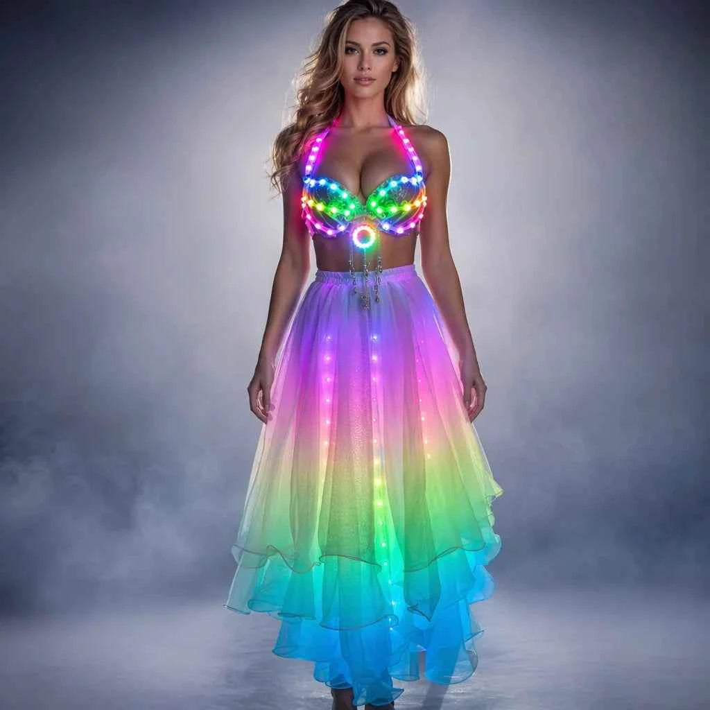 LED Color Lights Women Belly Dance Split Skirt Sexy Professional Bellydance Training Clothes Dancing Costumes