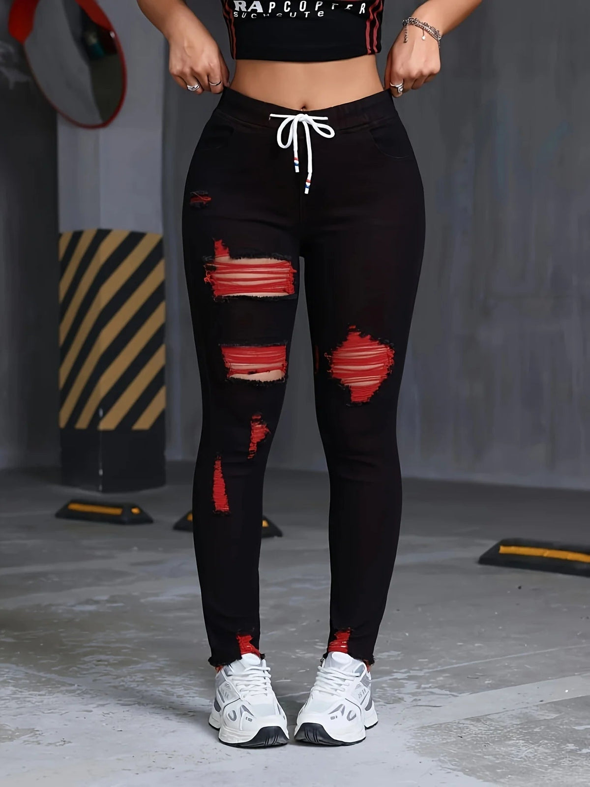 Women's Stretch Jeans Elastic Waist Drawstring Elegant Distressed Red Skinny Personalized Designer Style Suitable for All Seaso SS69