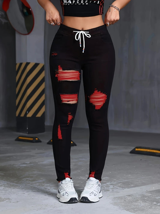 Women's Stretch Jeans Elastic Waist Drawstring Elegant Distressed Red Skinny Personalized Designer Style Suitable for All Seaso SS69