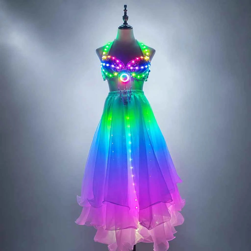 LED Color Lights Women Belly Dance Split Skirt Sexy Professional Bellydance Training Clothes Dancing Costumes