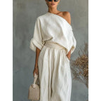One Shoulder Linen Two Piece Set with Lantern Pants