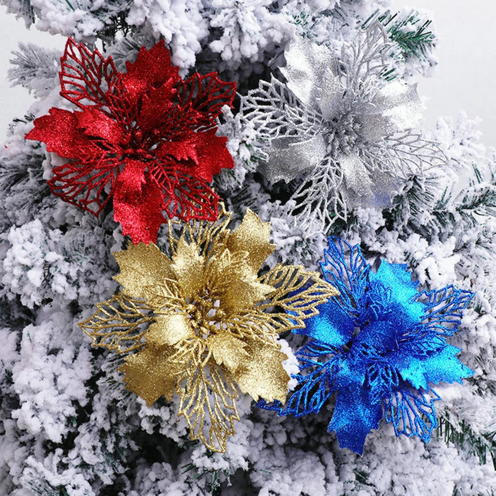 20pcs 9cm Artificial Christmas Flowers Glitter Xmas Tree Flowers Christmas Tree Ornaments for New Year Xmas Tree Wedding Decor