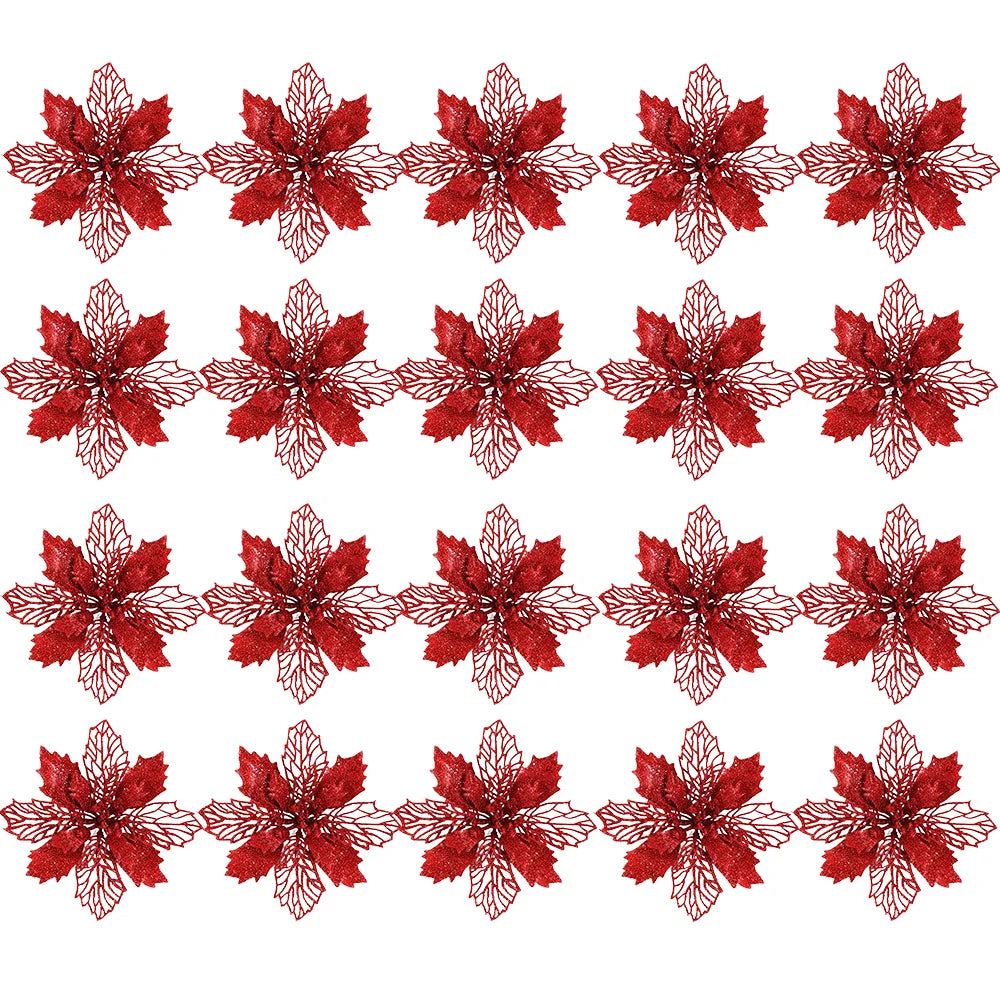 20pcs 9cm Artificial Christmas Flowers Glitter Xmas Tree Flowers Christmas Tree Ornaments for New Year Xmas Tree Wedding Decor