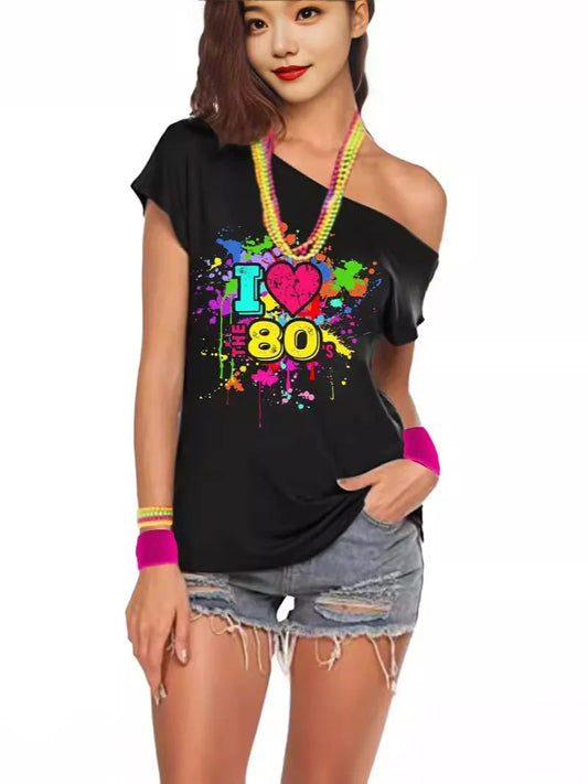 80s Costume Outfit for Woman Love off the Shoulder T Shirts Novelty Neon Top Clothes for Costume SS69