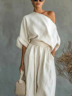 2026 Summer One Shoulder Linen Two Piece Set Women Roll Up Sleeve Waist Belt High Waist Lantern Pants White Breathable Casual Daily Beach Vacation Resort Outfit For American Ladies