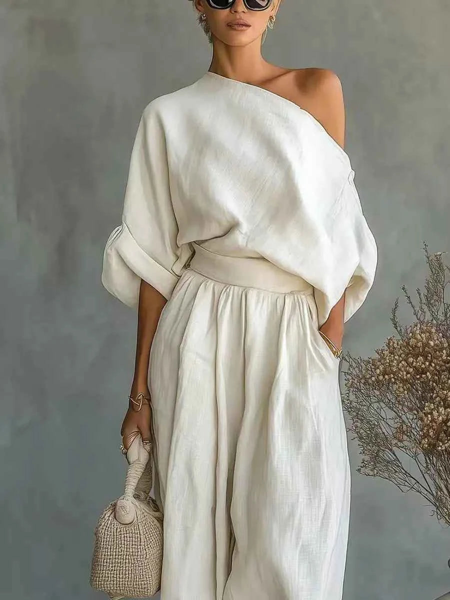 2026 Summer One Shoulder Linen Two Piece Set Women Roll Up Sleeve Waist Belt High Waist Lantern Pants White Breathable Casual Daily Beach Vacation Resort Outfit For American Ladies