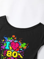 80s Costume Outfit for Woman Love off the Shoulder T Shirts Novelty Neon Top Clothes for Costume SS69