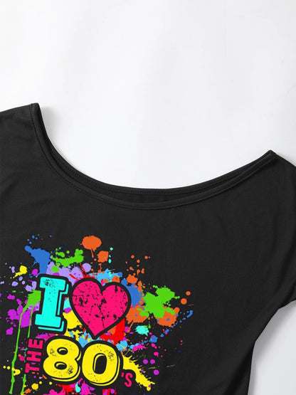 80s Costume Outfit for Woman Love off the Shoulder T Shirts Novelty Neon Top Clothes for Costume SS69