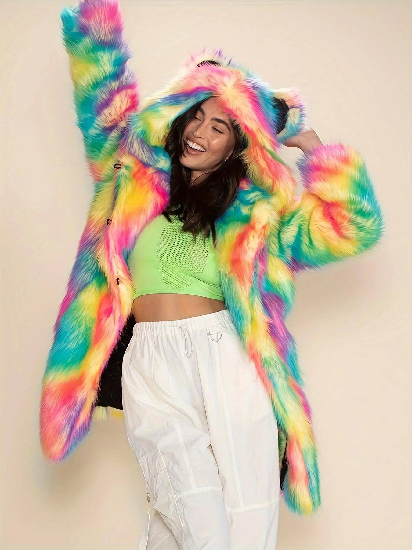 Abstract Pattern Open Front Teddy Coat, Stylish Hoodie Long Sleeve Longline Fluffy Coat For Party & Club, Women's Clothing SS69
