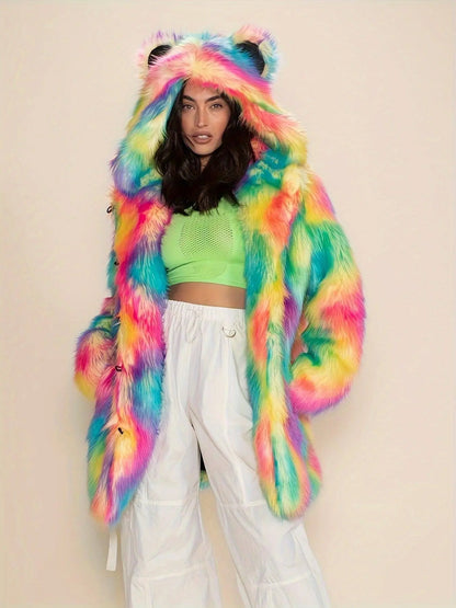 Abstract Pattern Open Front Teddy Coat, Stylish Hoodie Long Sleeve Longline Fluffy Coat For Party & Club, Women's Clothing SS69