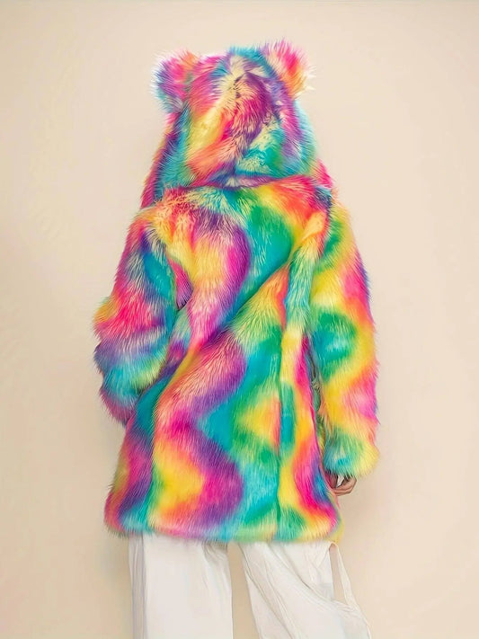 Abstract Pattern Open Front Teddy Coat, Stylish Hoodie Long Sleeve Longline Fluffy Coat For Party & Club, Women's Clothing SS69