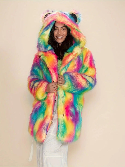 Abstract Pattern Open Front Teddy Coat, Stylish Hoodie Long Sleeve Longline Fluffy Coat For Party & Club, Women's Clothing SS69